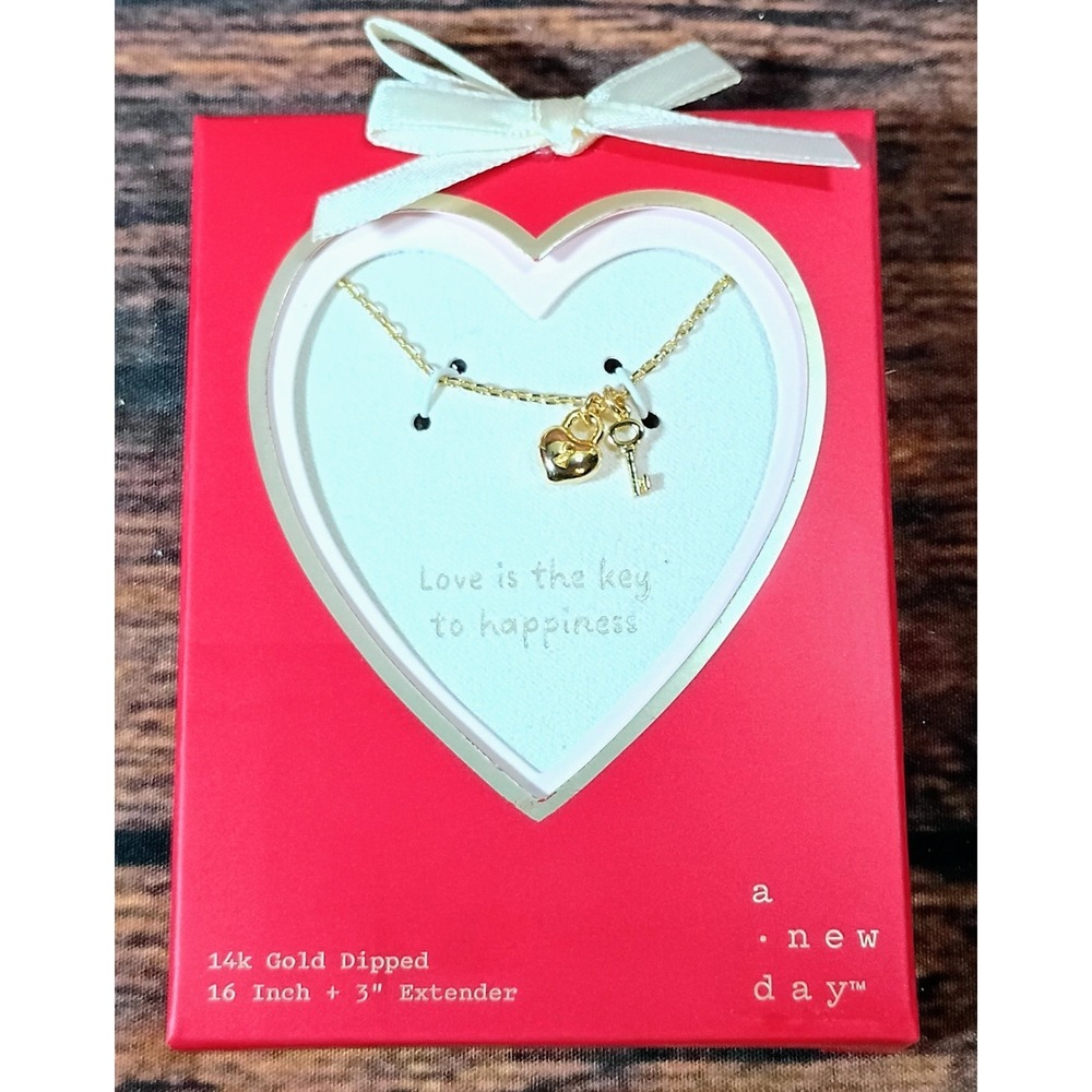 A New Day 14k Gold Dipped Heart Lock and Key Pendant Necklace 16 Inch + 3 Extend